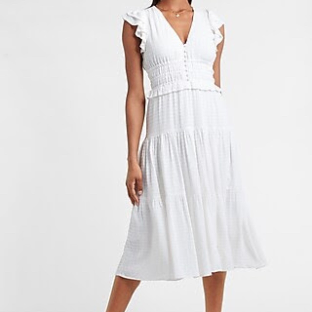 Express White Flutter Sleeve Smocked Waist Midi Dress Size Medium